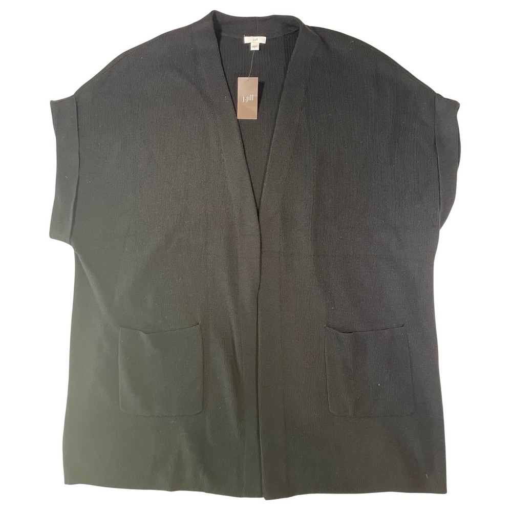 J.Jill Cardigan Womens Black Ribbed Open Front Short Sleeve Pocket XL